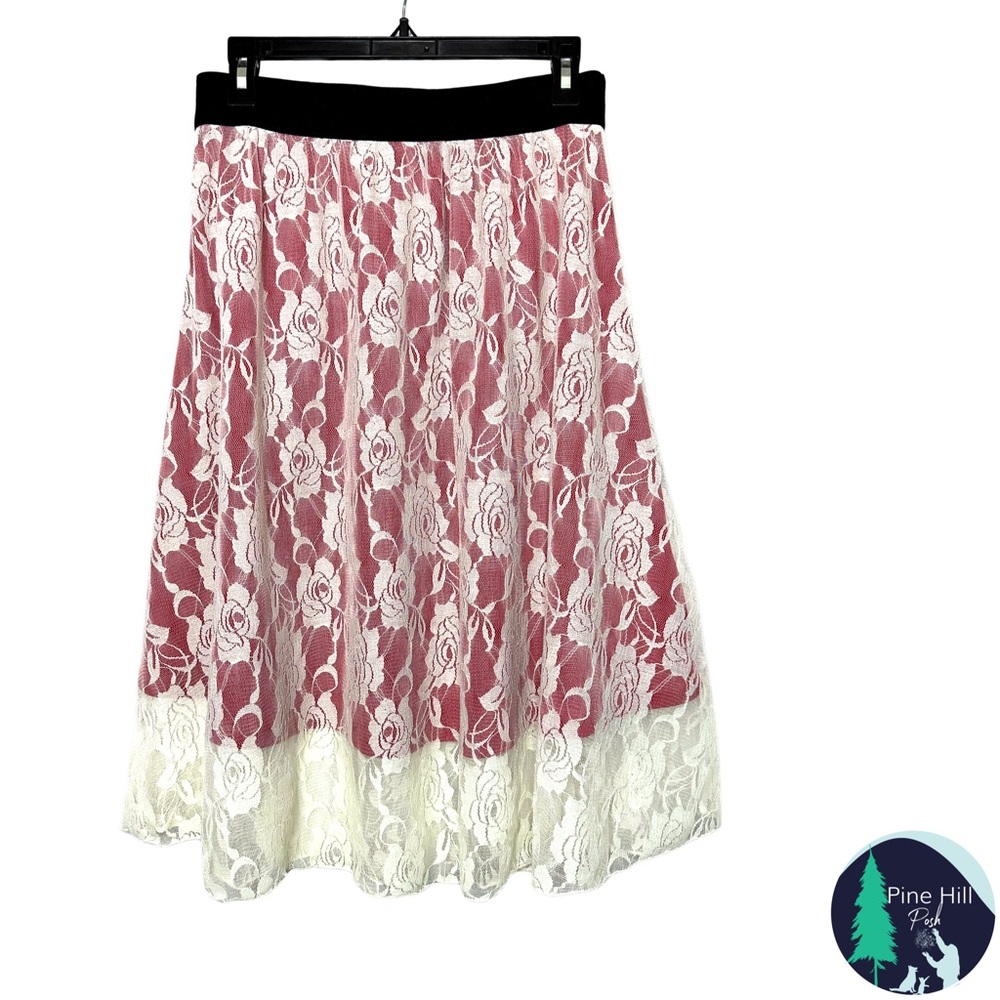 NEW LulaRoe Lola Lace Midi Skirt Pull-on Cream Red Boho Peasant Size Medium NWOT